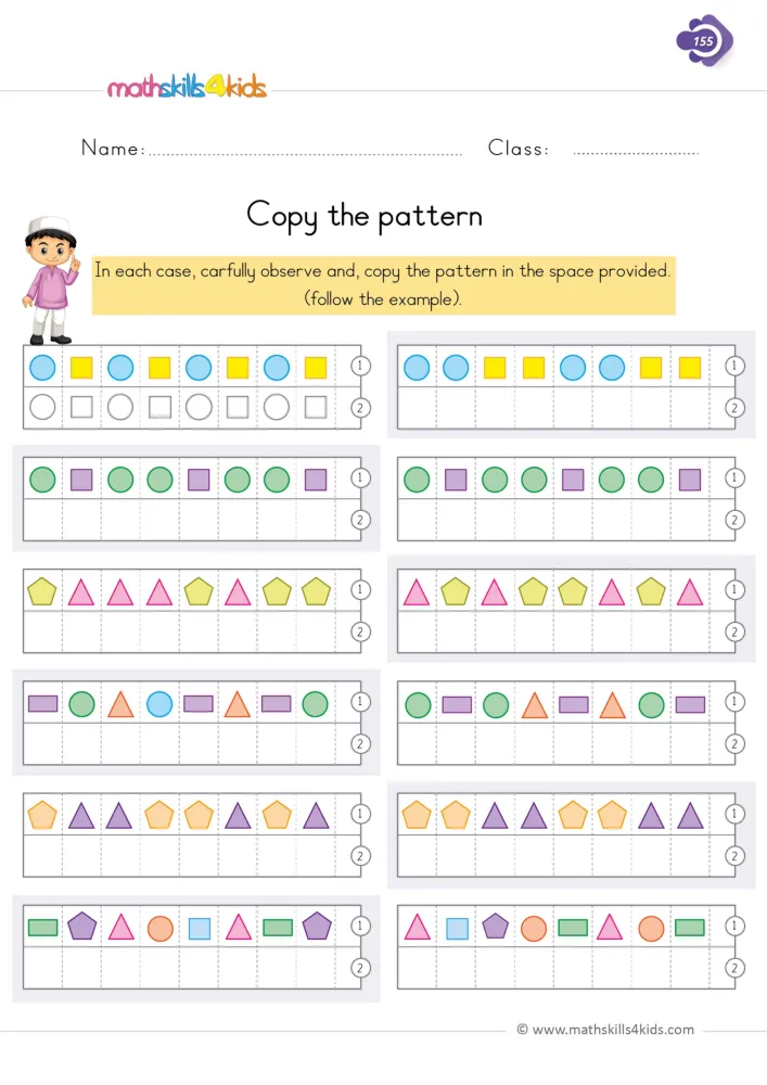 Preview of the copy page: twelve rows of eight colored shapes, from circles and squares to mixed rows with rectangles and pentagons.