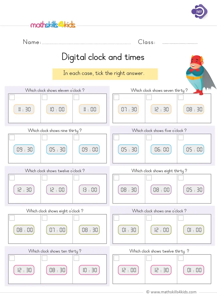 Preview of the digital clock page: rows of three colored digital displays such as 11 : 30, 10 : 00 and 11 : 00.