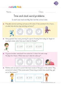 1st Grade Elapsed Time Worksheet With Clocks: Add Whole Hours, Tick the End Time