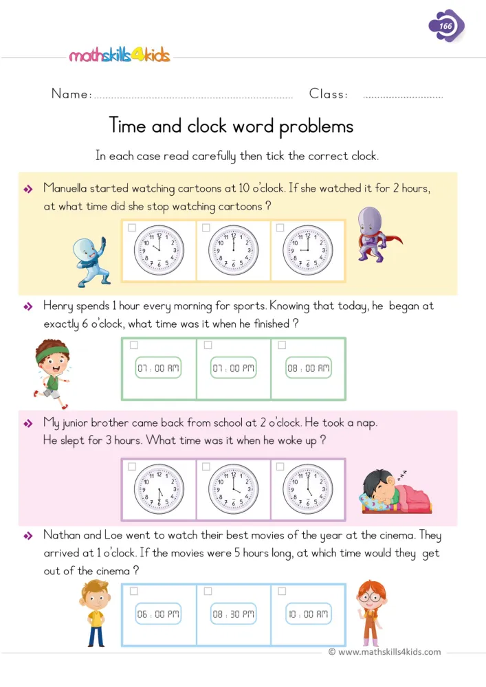 Preview of the time word problem page: colored bands with a story, three clock choices and cartoon children.
