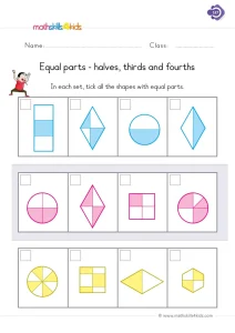 1st Grade Equal or Unequal Parts Worksheet: Tick Every Fair Split