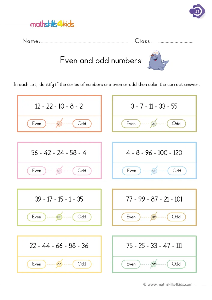 Preview of the even and odd page: sets like 12, 22, 10, 8, 2 and 3, 7, 11, 33, 55, a cartoon seal, Even or Odd choices.