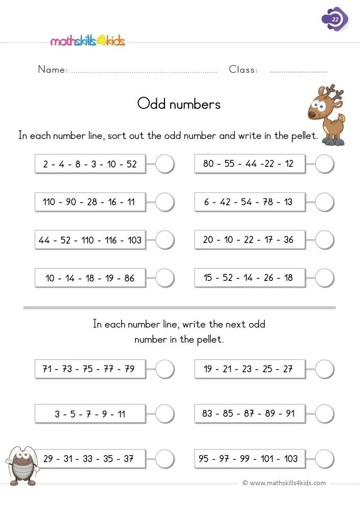 Preview of the odd numbers page: rows like 2, 4, 8, 3, 10, 52 and counting rows like 95, 97, 99, 101, 103 with circles.