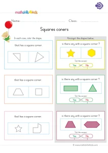 1st Grade Find the Square Corners Worksheet: Color, Then Tick Yes or No