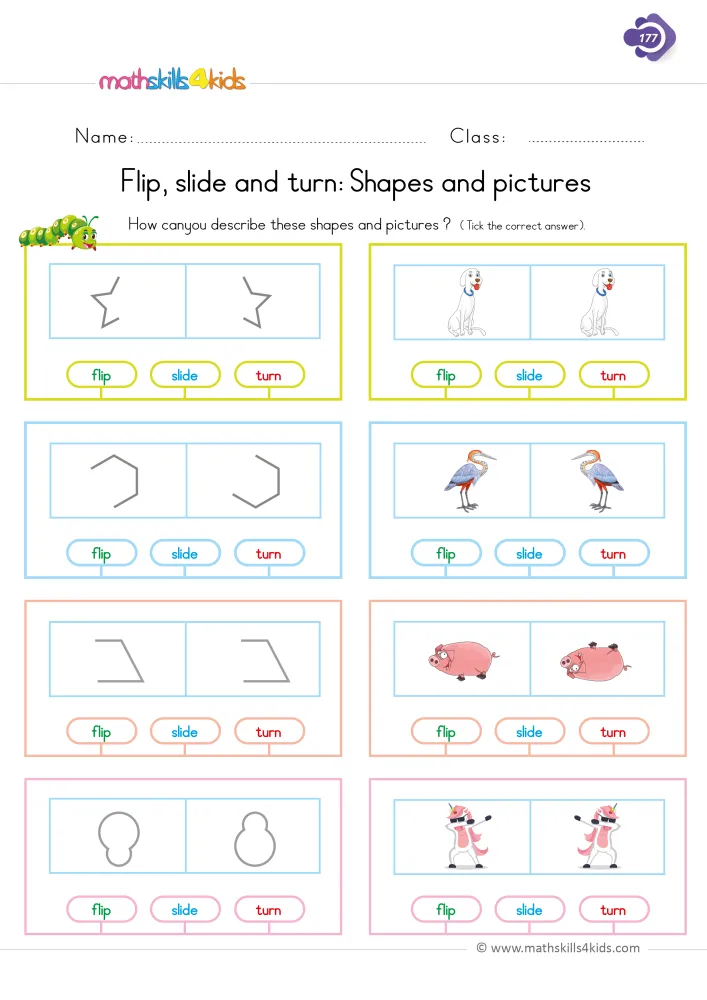 Preview of the flip, slide and turn page: an open star, a broken hexagon, a dog, a heron, a pig and a unicorn shown twice.