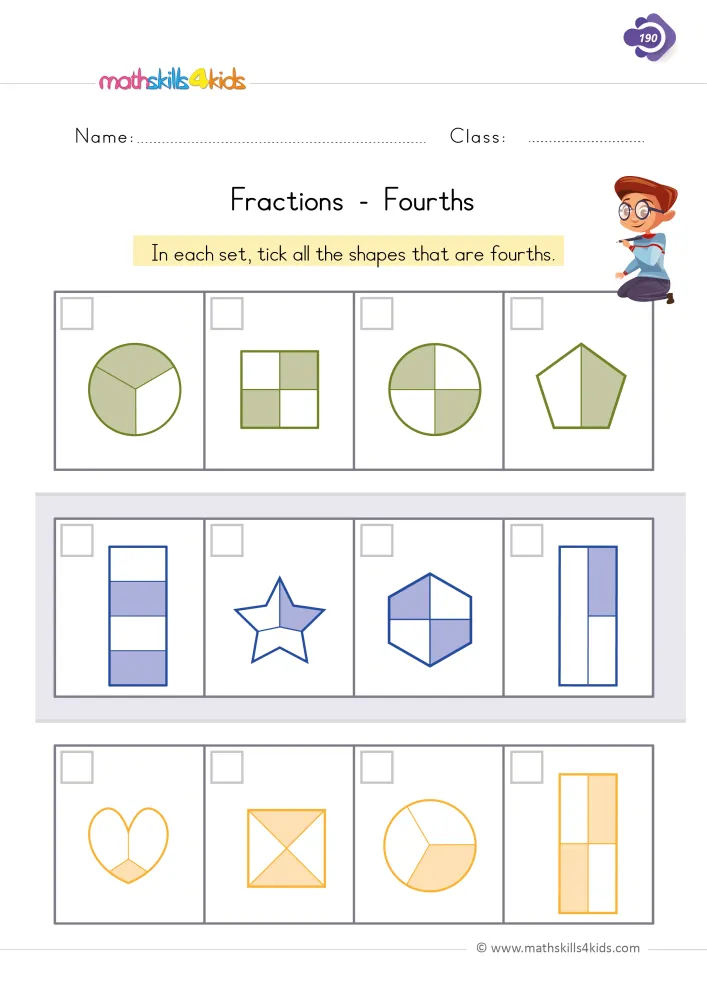 Preview of the fourths page: green circles, blue stripes, a star and a hexagon, a yellow heart and a square cut corner to corner.