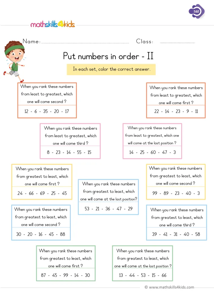 Preview of the number order page: questions asking which number comes first, second, third or last, with rows like 12, 6, 35, 20, 17.