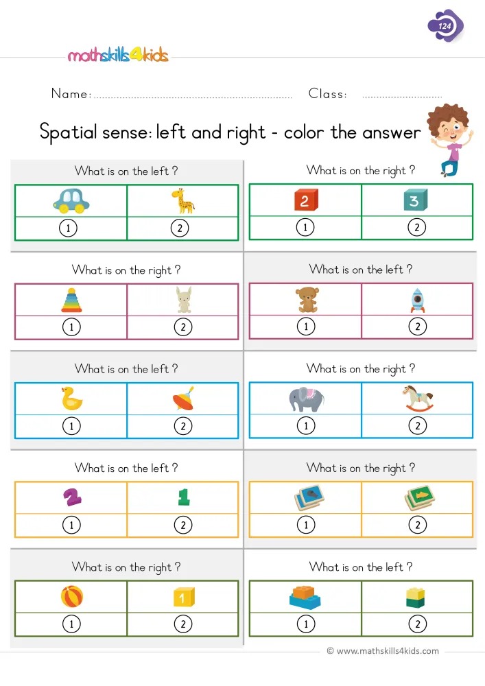 Preview of the left and right page: a car and a giraffe, a teddy bear and a rocket, a ball and a block, each pair numbered 1 and 2.