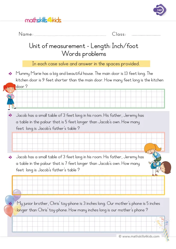 Preview of the word problem page: colored grids under each story, with cartoon children and balloons in the margins.