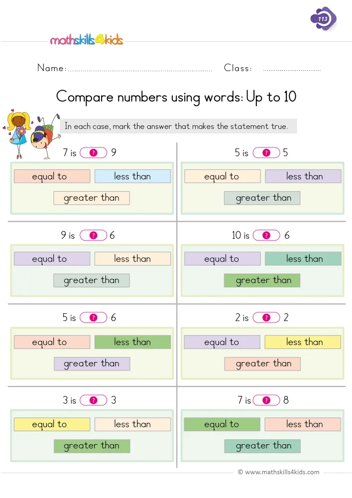 Preview of the comparing words page: sentences like 7 is ? 9 and 5 is ? 5, each above three colored boxes to mark.
