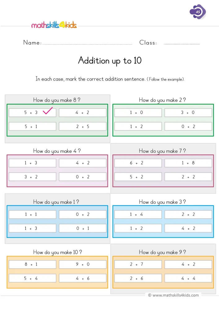 Preview of the make a number page: boxes titled How do you make 8, 2, 4 or 7, with a tick on 5 + 3 as the worked example.