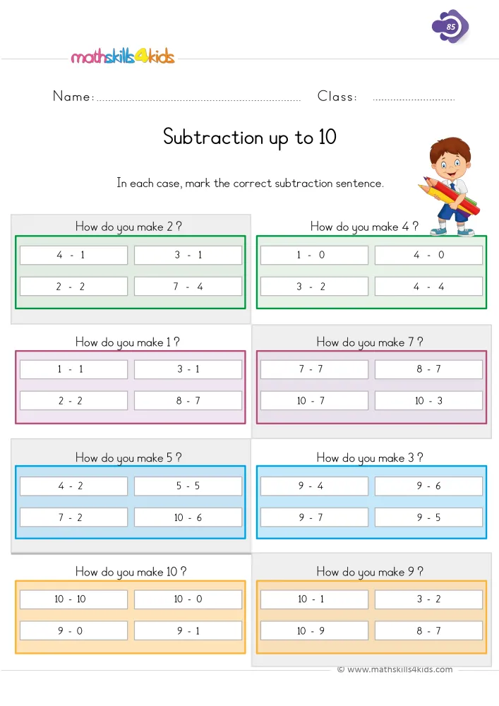 Preview of the subtraction up to 10 page: boxes of four subtractions such as 10 - 3 and 8 - 7, with a boy holding two big pencils.