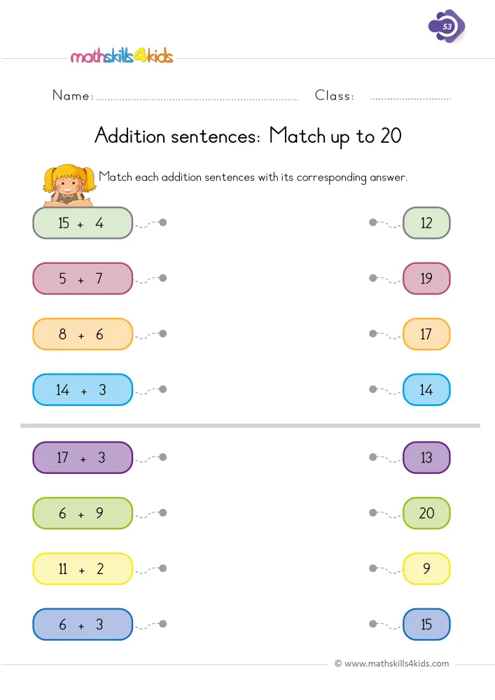 Preview of the matching page: two groups of four sums, each with a dotted end to join by a line to a total from 9 to 20.
