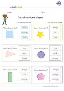 1st Grade Name the 2D Shape Worksheet: Color the Word That Fits