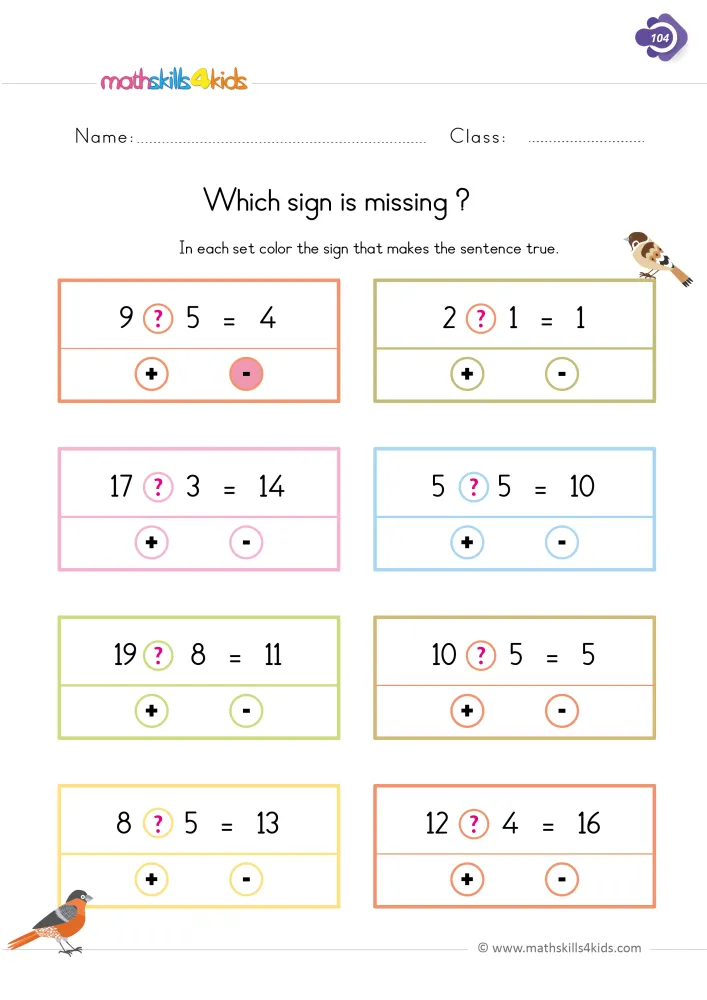 Preview of the missing sign page: sentences built from 19, 8 and 11 or from 12, 4 and 16, with two small birds in the corners.