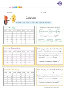 1st Grade Read a Calendar Worksheet: July, December and February