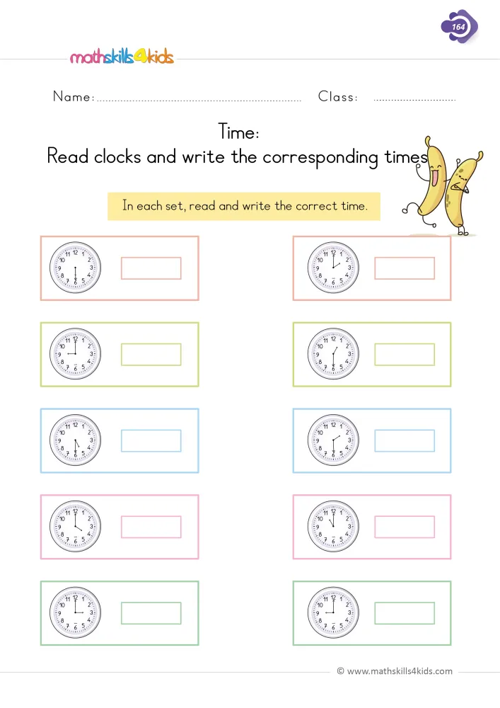 Preview of the clock page: two columns of analog clocks on the hour and half hour, with blank boxes for the times.