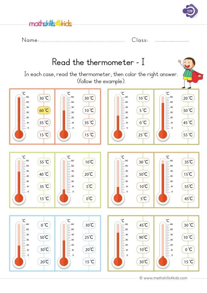 Preview of the thermometer page: six colored frames, each holding two thermometers and two columns of answer bubbles.