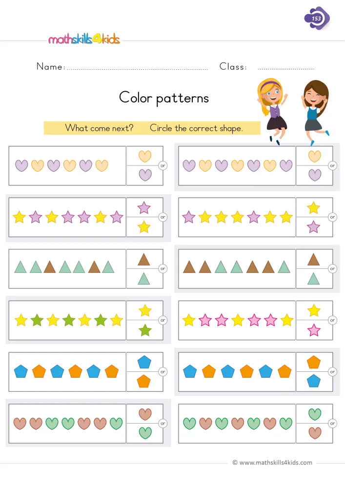 Preview of the color patterns page: purple and orange hearts, green and brown triangles, blue and orange pentagons in repeating rows.