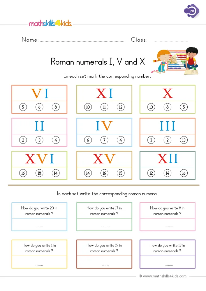 Preview of the Roman numerals page: cards II, IV, XII and XV with number choices, and questions asking how to write 8, 13 and 19.