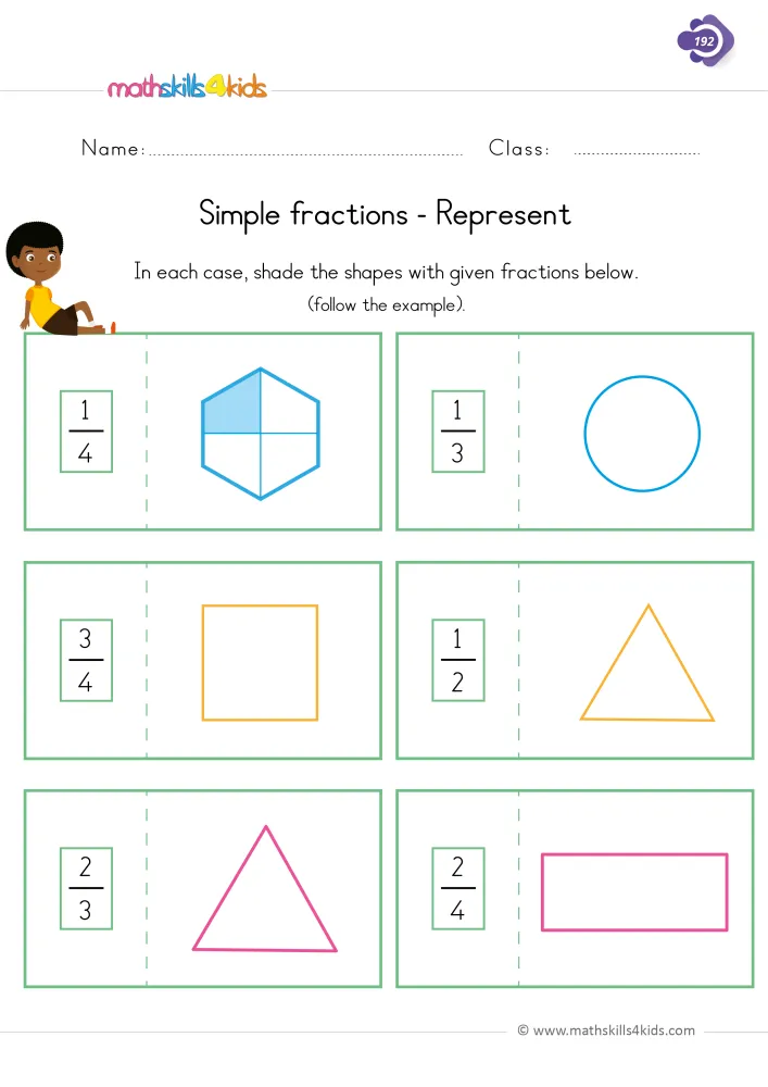 Preview of the shading page: fractions 1/3, 3/4, 1/2, 2/3 and 2/4 printed beside a blank circle, square, two triangles and a rectangle.
