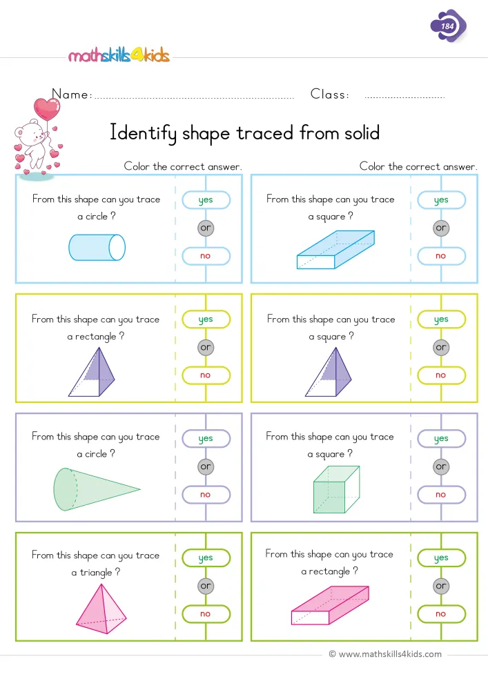 Preview of the traced shapes page: a blue cylinder, a green cone, a green cube and a pink pyramid, each under a tracing question.