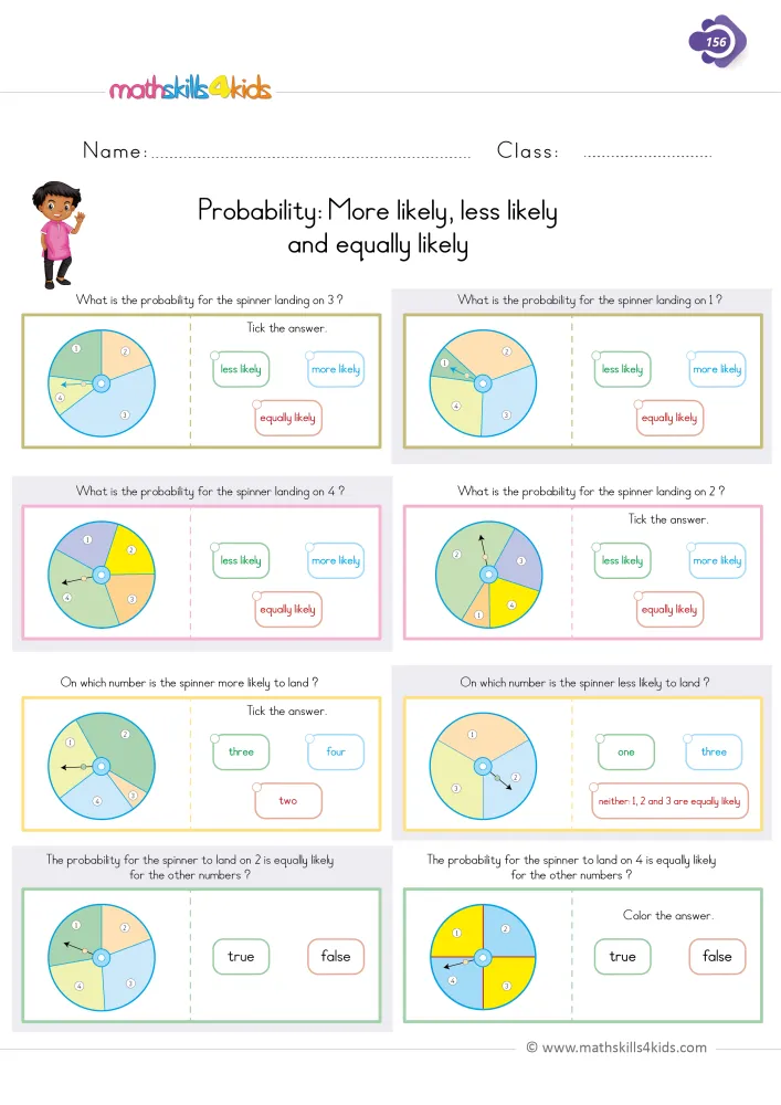 Preview of the probability page: round spinners with arrows, cut into parts of different sizes, and small answer bubbles.