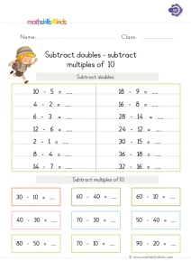 1st Grade Subtract Doubles and Tens Worksheet: Halves and Whole Tens