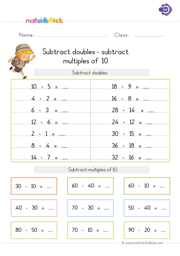 Preview of the doubles and tens page: facts such as 10 - 5 and 32 - 16 on top, multiples of 10 like 50 - 40 below.
