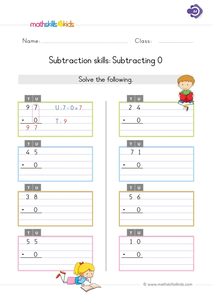 Preview of the subtracting 0 page: column problems like 38 - 0, 56 - 0 and 10 - 0, with a girl reading at the bottom.