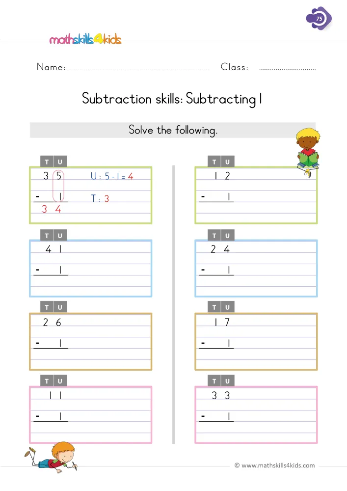 Preview of the subtracting 1 page: column problems such as 12 - 1, 41 - 1 and 26 - 1, with a circled ones column in the first box.