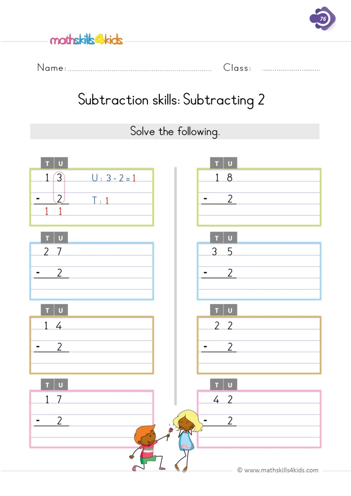 Preview of the subtracting 2 page: column problems like 35 - 2, 14 - 2 and 42 - 2 in green, blue, brown and pink boxes.