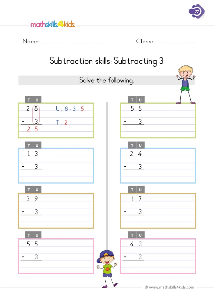 Preview of the subtracting 3 page: column problems like 24 - 3, 17 - 3 and 43 - 3, with a boy in a cap at the bottom.