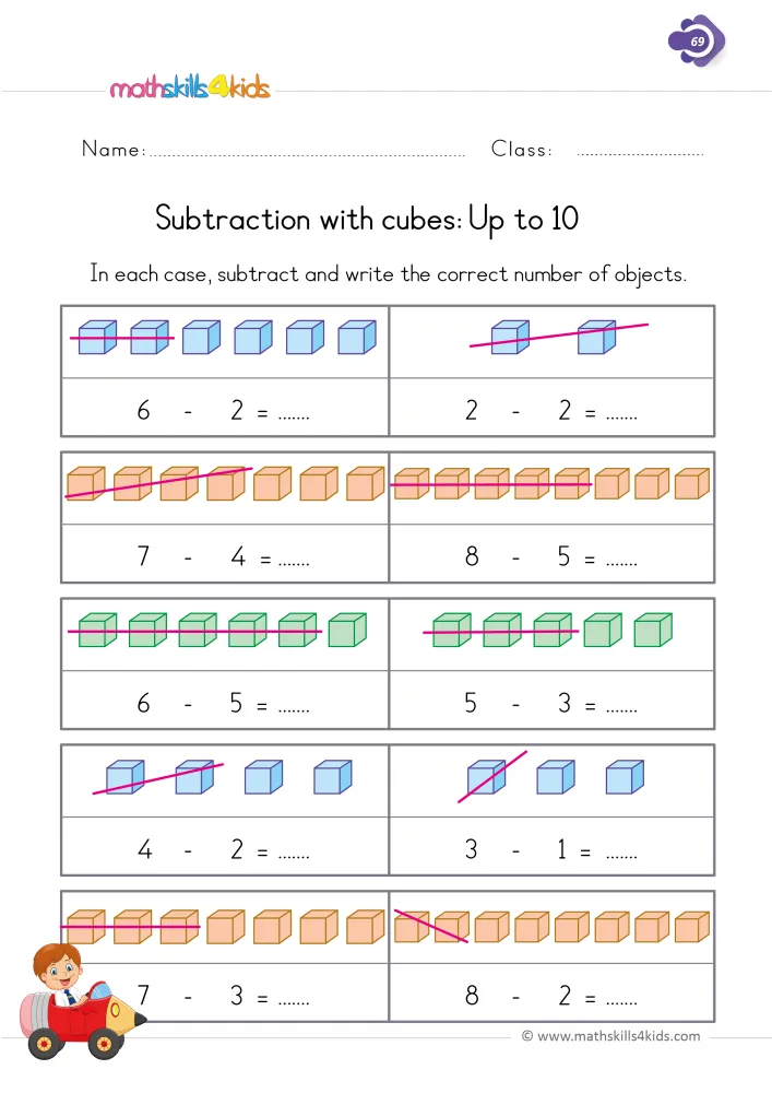 Preview of the subtraction page: rows of cubes with pink lines, from 6 - 2 to 8 - 2, and a dotted space to write each answer.