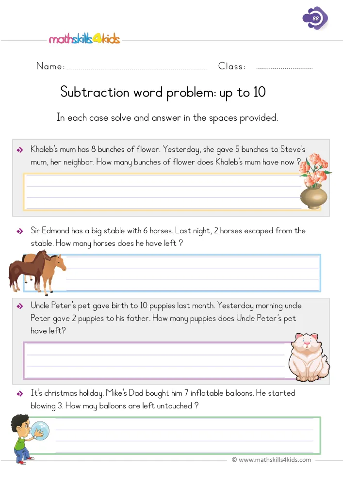 Preview of the word problem page: four take-away stories within 10, each followed by lined space to write the answer.