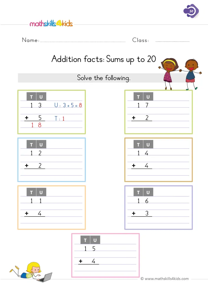 Preview of the teen number page: a worked example adds the ones first, and six more sums wait in lined boxes below it.