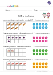 1st Grade Ten Frame Make 10 Worksheet: How Many More?