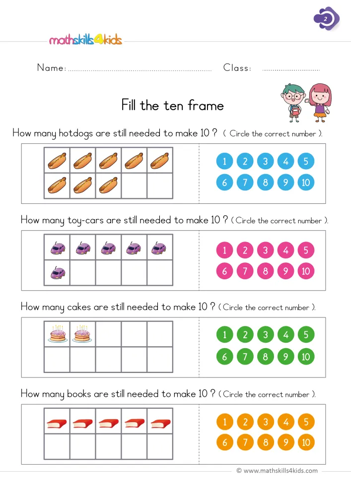 Preview of the make 10 page: eight hot dogs, six purple cars, two cakes and five red books in frames, with numbers 1 to 10 to circle.