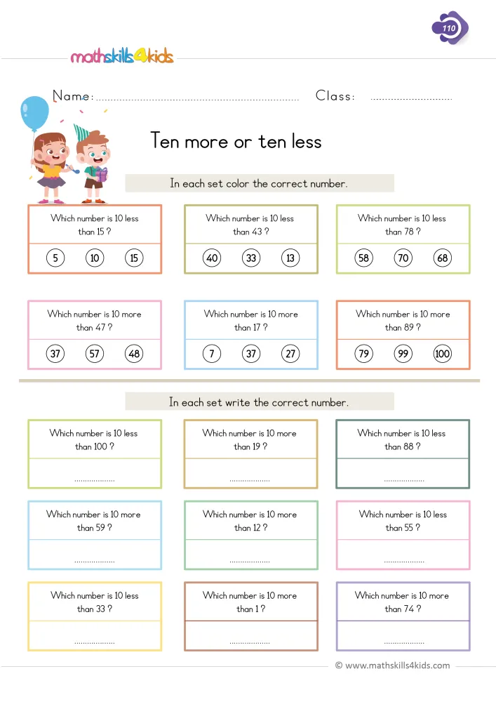Preview of the ten more or ten less page: six questions with three numbers to color and nine questions with a line to write on.