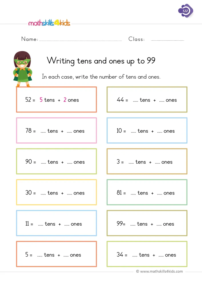 Preview of the tens and ones page: the example 52 = 5 tens + 2 ones, then numbers such as 44, 78, 90, 3 and 99 to split.