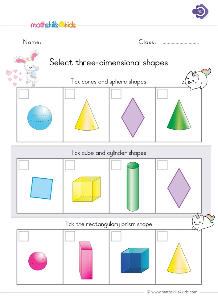 Preview of the 3D shapes page: a blue sphere, yellow and green cones, a yellow cube, a green cylinder and a tall pink box.