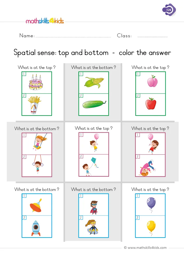 Preview of the top and bottom page: a cake over fries, corn over a cucumber, a top over a rocket, a purple balloon over a yellow one.