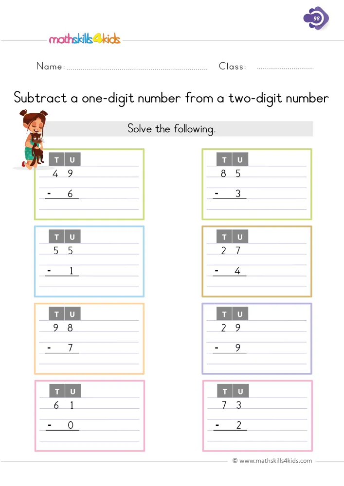 Preview of the subtraction page: column problems like 55 - 1, 98 - 7 and 29 - 9, with a girl holding a cat at the top left.