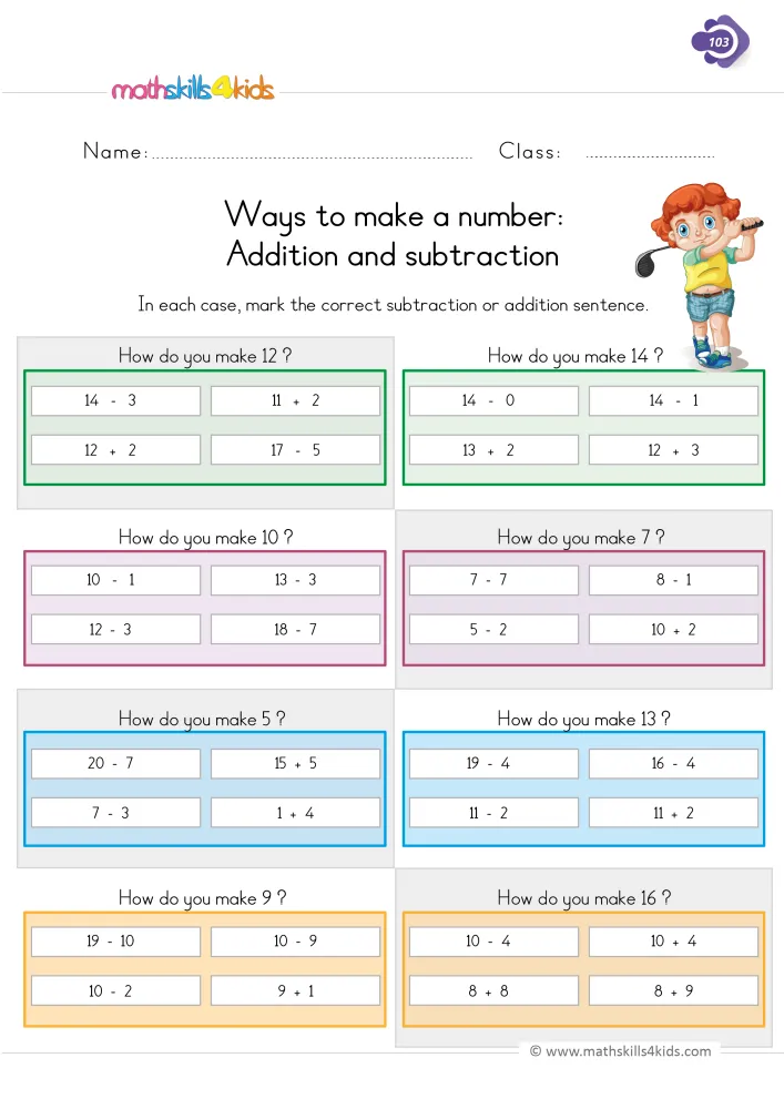 Preview of the make a number page: choices like 17 - 5, 13 - 3 and 8 + 8, with a boy holding a golf club at the top right.