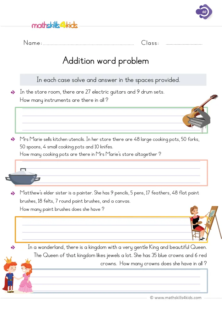 Preview of the word problem page: long lists of items, a painter at her easel and a king and queen beside the last question.