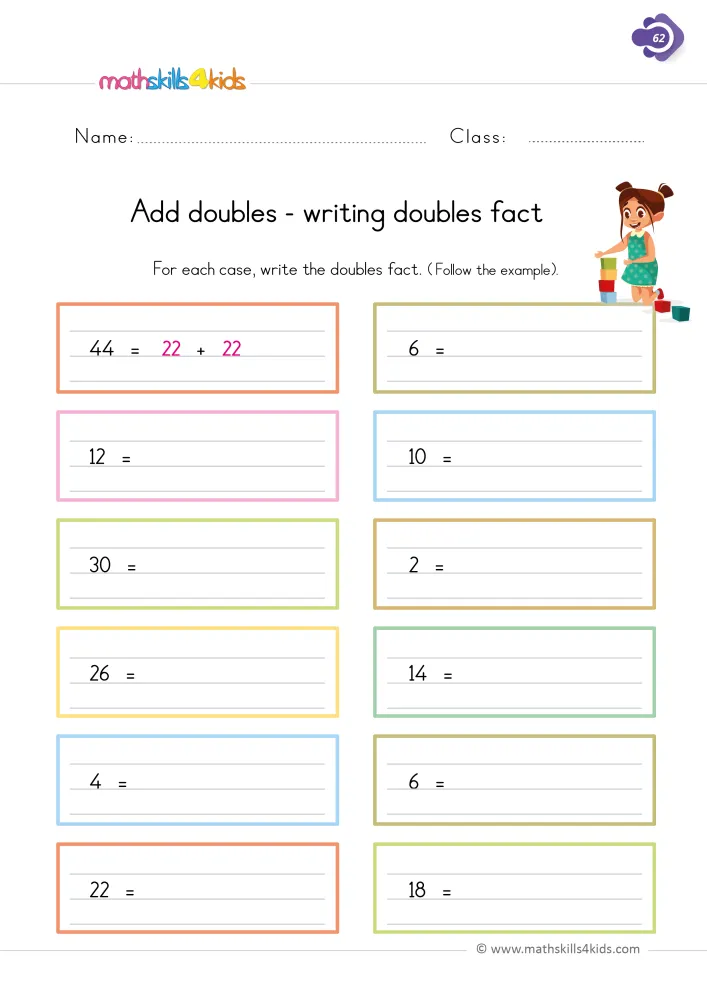 Preview of the doubles facts page: lined boxes for 12, 30, 26, 4, 22, 6, 10, 2, 14 and 18, each waiting for two equal parts.