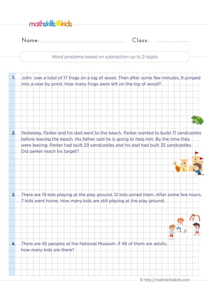 Preview of the subtraction story page, with a green frog, a sandcastle and children playing ball in the margins.