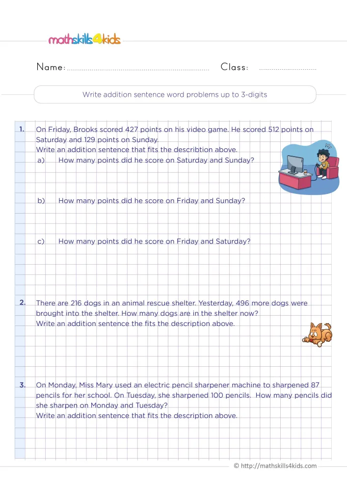 Preview of the word problem page: Brooks and his game scores, a cartoon dog for the shelter story and a pencil problem below.