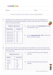 2nd Grade 3-Digit Data Tables Worksheet: Watermelons and a Piggy Bank