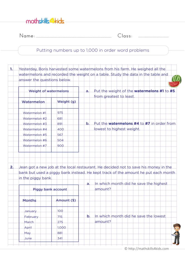 Preview of the word problem page with a watermelon slice, two data tables and a boy holding a tablet in the corner.